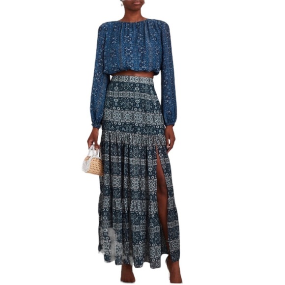 Intermix Silk Blend Aggie Tiered High Slit Maxi Skirt Blue Print Women’s - Picture 1 of 14